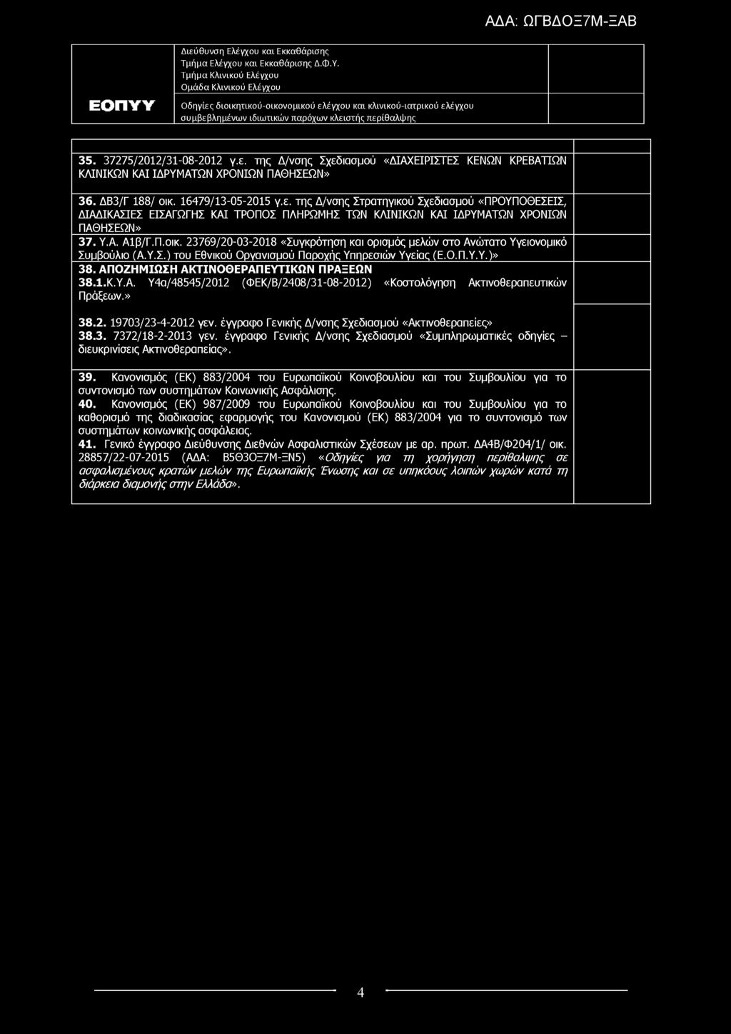 35. 37275/2012/31-08-2012 γ.ε. της Δ/νσης Σχεδιασμού «ΔΙΑΧΕΙΡΙΣΤΕΣ ΚΕΝΩΝ ΚΡΕΒΑΤΙΩΝ ΚΛΙΝΙΚΩΝ ΚΑΙ ΙΔΡΥΜΑΤΩΝ ΧΡΟΝΙΩΝ ΠΑΘΗΣΕΩΝ» 36. ΔΒ3/Γ 188/ οικ. 16479/13-05-2015 γ.ε. της Δ/νσης Στρατηγικού Σχεδιασμού «ΠΡΟΥΠΟΘΕΣΕΙΣ, ΔΙΑΔΙΚΑΣΙΕΣ ΕΙΣΑΓΩΓΗΣ ΚΑΙ ΤΡΟΠΟΣ ΠΛΗΡΩΜΗΣ ΤΩΝ ΚΛΙΝΙΚΩΝ ΚΑΙ ΙΔΡΥΜΑΤΩΝ ΧΡΟΝΙΩΝ ΠΑΘΗΣΕΩΝ» 37.
