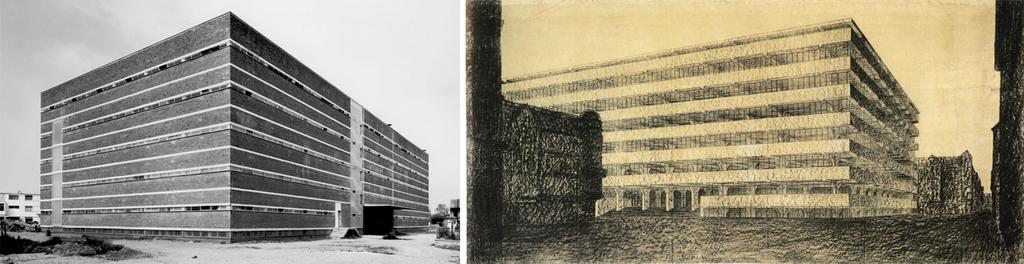 Β. Μπογάκος, Καπναποθήκη στη Θεσσαλονίκη, 1961 / Mies van der Rohe, μελέτη κτιρίου γραφείων από οπλισμένο σκυρόδεμα, Βερολίνο, 1923.