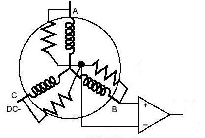 Ďalšou z možností je porovnávanie indukovaného napätia vzhľadom k neutrálnemu bodu motora. Ten môžeme vytvoriť s použitím troch rezistorov. Vytvorenie neutrálneho bodu je zobrazené na obrázku 12.