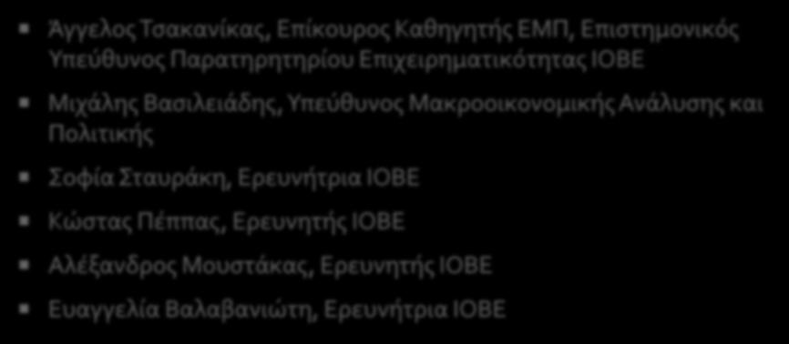 Ομάδα έργου Άγγελος Τσακανίκας, Επίκουρος Καθηγητής ΕΜΠ, Επιστημονικός Υπεύθυνος Παρατηρητηρίου Επιχειρηματικότητας ΙΟΒΕ Μιχάλης Βασιλειάδης, Υπεύθυνος