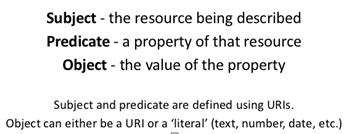 Properties [ιδιότητες]: Ορίζουν τις ιδιότητες και τις σχέσεις με τις οποίες περιγράφονται τα resources (π.χ. τίτλος, διάρκειας, καλλιτέχνης κλπ). Και τα properties αναγνωρίζονται με τη χρήση URIs.