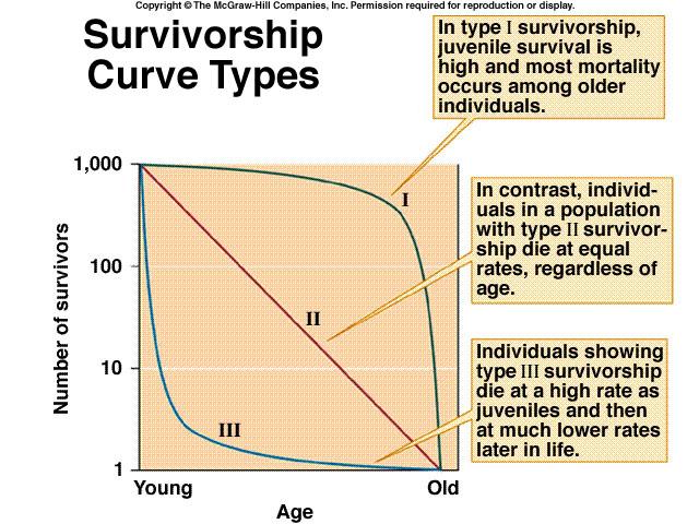 Tip I preživljavanje mladih jedinki je veliko, a većina mortaliteta se događa kod starijih jedinki Tip II preživljavanje je podjednako bez obzira na starost jedinki