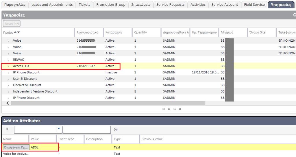 Εμφάνιση στο σύστημα (All Onenet Assets) ADSL Στα προγράμματα Οne Net το κύκλωμα του συνδρομητή εμφανίζεται στη