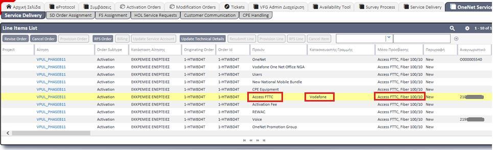 Εμφάνιση στο σύστημα - Οθόνη ΟneNet Service Delivery Στην οθόνη ΟneNet Service Delivery το κύκλωμα του συνδρομητή εμφανίζεται στη κολώνα Προϊόν με τιμή «Access FTTC» ή «Access LLU» Στην ίδια γραμμή
