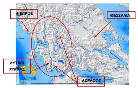 1.0. Περιοχή Μελέτης 3.1.1. Γεωγραφία Εικόνα 3.1.0. Γενική διάταξη υδροσυστήματος Η περιοχή μελέτης είναι η λεκάνη απορροής ανάντη του φράγματος της Μεσοχώρας, στον άνω ρου του Αχελώου.