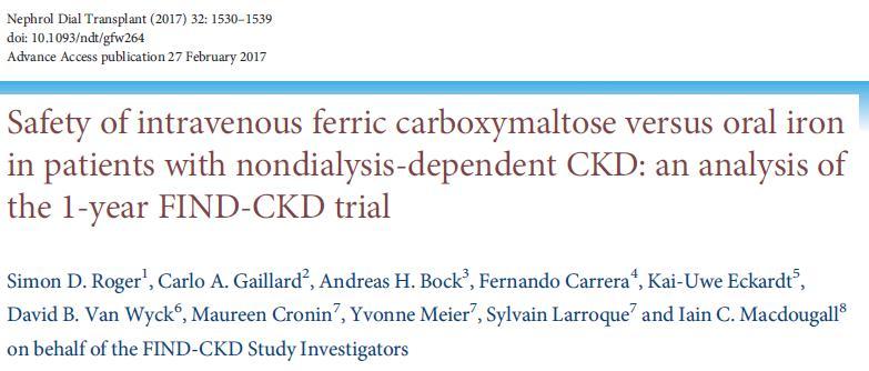 FIND-CKD: FCM και ασφάλεια σε διάστημα 1 έτους Μόνο 2 ασθενείς στην ομάδα του FCM με στόχο χαμηλά επίπεδα φερριτίνης, εμφάνισαν μια αντίδραση υπερευαισθησίας σχετιζόμενη με το φάρμακο Σε κανένα