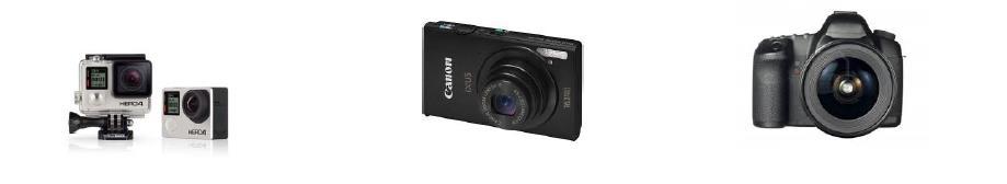 Kameras Go Pro klases kameras Patērētāju klases kameras Profesionālās kameras + vieglas ( <100 g) + mazas + fiksētas lēcas - attēlu kvalitāte - platleņķa lēcas + vieglas ( <250