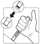 5) Scoateţi capacul exterior al acului Ţineţi cu fermitate cu o mână stiloul injector (pen-ul) preumplut şi cu cealaltă trageţi capacul de protecţie.