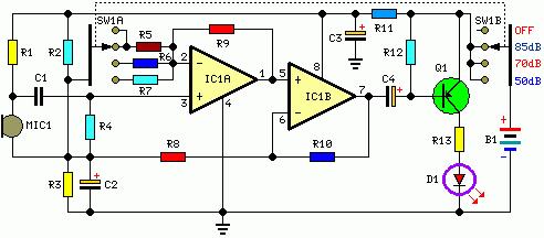 2. ELEKTRIČNO VEZJE DETEKTORJA HRUPA Kot je razvidno iz sheme električnega vezja, električni krog sestavlja več elementov: baterija z napetostjo 9 V (1), uporniki (13), kondenzatorji (4), svetleča