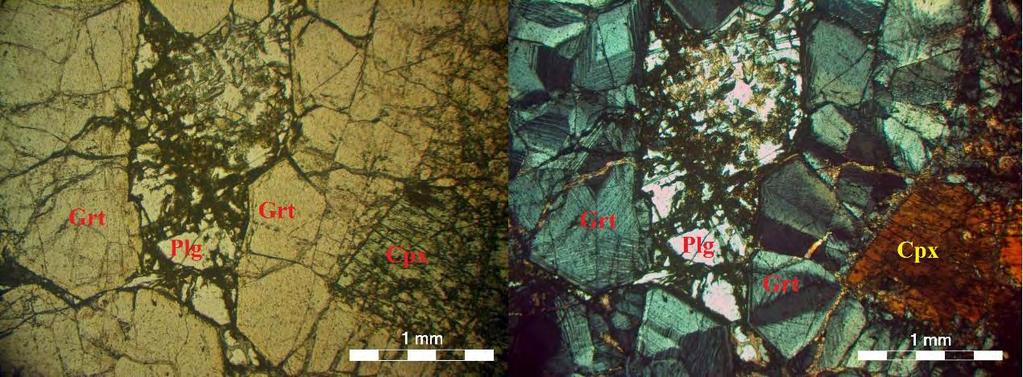 Εικόνα: 5-68. Μικροφωτογραφία σε παράλληλα και διασταυρωμένα Nicols, όπου μπορούμε να διακρίνουμε τις ιστολογικές σχέσεις μεταξύ των πυροξένων, γρανατών και πλαγιοκλάστων της ζώνης Grt-Pyx. 5.2.