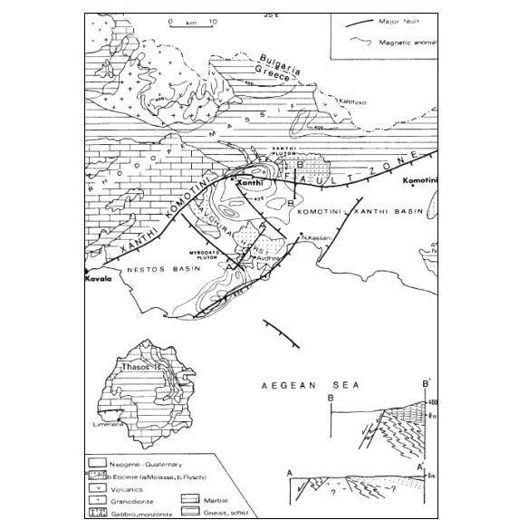 Εικόνα: 3-4. Γεωλογικός χάρτης της Ροδοπικής Μάζας με γεωλογικές τομές επί των ρηγμάτων (ΙΓΜΕ, Γεωλογικός Χάρτης Ελλάδος 1:500000, Lalechos & Savoyat 1977, Martin 1987) 3.1.6.