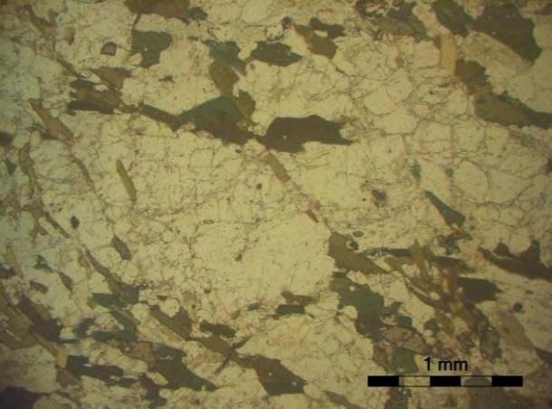 Ιστολογικά χαρακτηριστικά: Ο ιστός του πετρώματος είναι γρανιτικός ( κοκκώδης ) και αυτό γιατί οι κρύσταλλοι των ορυκτών βρίσκονται σε άμεση επαφή μεταξύ τους.