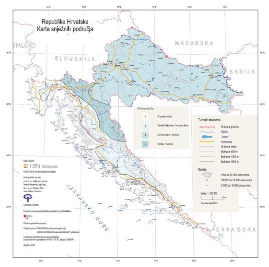 Tablica 4.5 Karta snježnih područja Republike Hrvatske (HRN EN 1991-1-3) Nadmorska visina do [m] I. područje priobalje i otoci [kn/m2] II. područje zaleđe Dalmacije, Primorja i Istre [kn/m2] III.