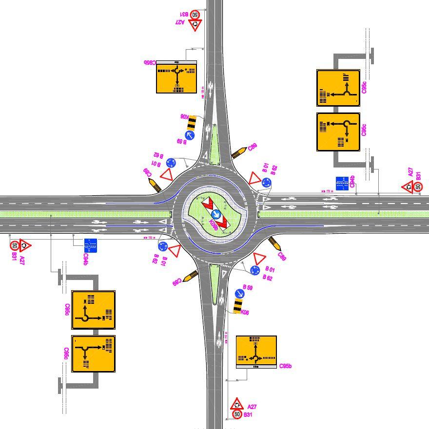 Prometna signalizacija u turbo kružnom raskrižju izvan naselja prikazana je na slici 6.1.