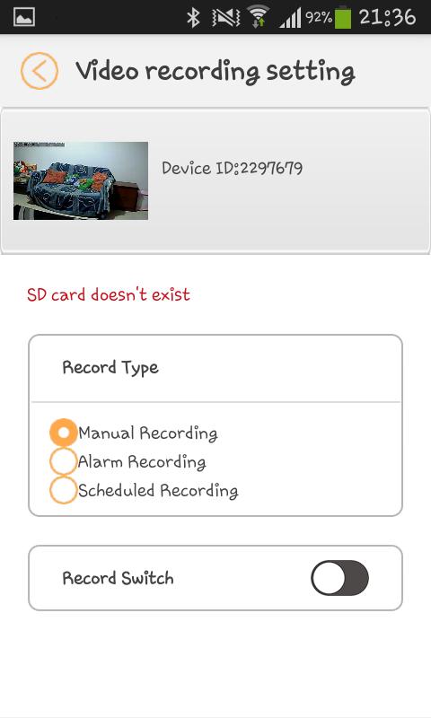 Ρυθμίσεις Εγγραφής Video (Record settings) Διακόπτης ενεργοποίησηςαπενεργοποίησης εγγραφών Για να εκτελεστεί εγγραφή, απαιτείται η εισαγωγή κάρτας SD στην κάμερα. Δίνονται 3 επιλογές εγγραφής: Α.