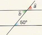O ángulo a mide 130, xa que ten un lado coincidente con este e o outro lado paralelo. O ángulo b e suplementario do ángulo a = 130. Daquela, b = 180-130 = 50.