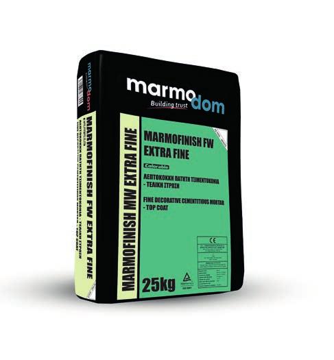 MARMOFINISH FW EXTRA FINE ΠΑΤΗΤΗ ΤΣΙΜΕΝΤΟΚΟΝΙΑ ΓΙΑ ΑΠΕ Α ΚΑΙ ΤΟΙΧΟΥΣ ΤΕΛΙΚΗ ΣΤΡΩΣΗ / ΛΕΠΤΟΚΟΚΚΗ ΧΡΗΣΗ Το MARMOFINISH FW EXTRA FINE είναι ένα τσιµεντοκονίαµα που χρησιµοποιείται σε εσωτερικούς και