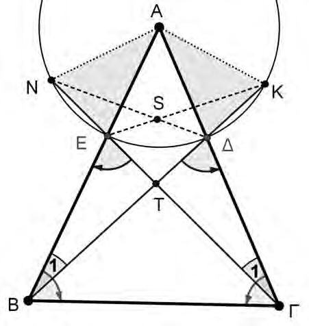 Σχήμα Από την ισότητα των τριγώνων ΑΔΒ και ΑΕΓ, προκύπτουν οι ισότητες: Β ˆ ˆ = Γ και κατά συνέπεια: ΒΤΓ ˆ = ΓΤΒ ˆ.