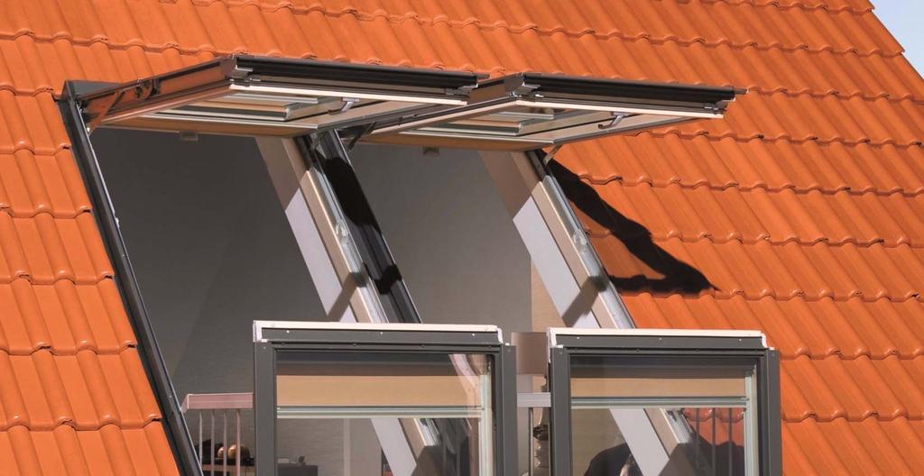 Παράθυρο Μπαλκόνι FGH V P2 Τοποθέτηση σε στέγες με κλίση 35 55. Καινοτόμο, μεγάλο παράθυρο στέγης στο οποίο τα ανοιγόμενα φύλλα δημιουργούν ένα μπαλκόνι.
