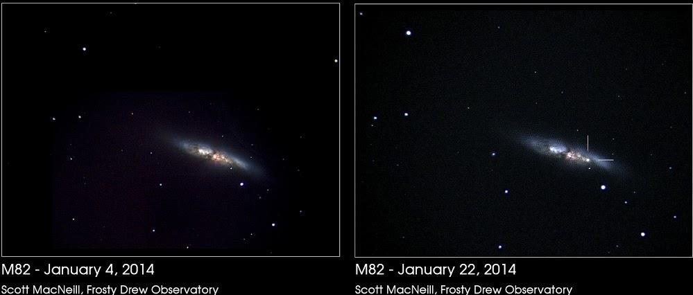Εικόνα 2: ο γαλαξίας Μ82 στις 4/1/2014 και στις 22/1/2014, όπου φαίνεται η λάμψη ενός υπερκαινοφανούς αστέρα, ο οποίος εξερράγη.