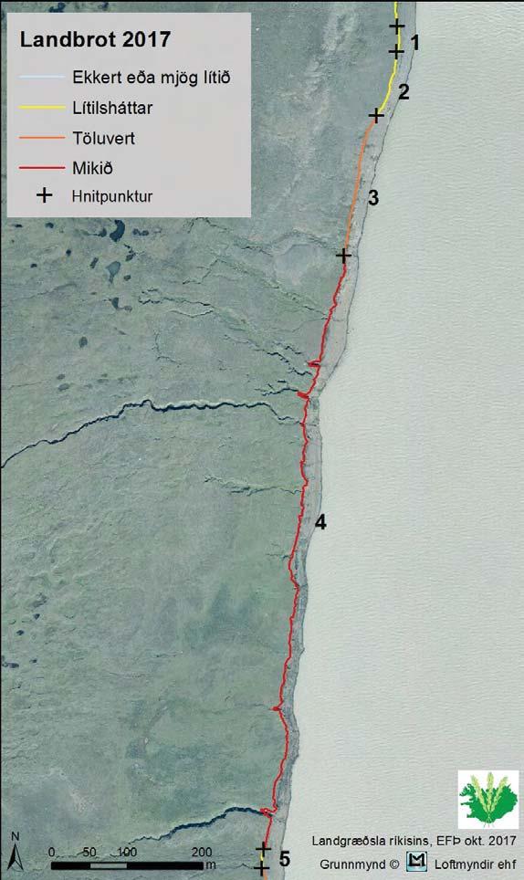 3.3 Austurströnd Kringilsárrana Líkt og fyrri ár er landbrot mikið á þessu svæði svo l öllu en hraði landbrots þó mismikill (tafla 4, kort 5).