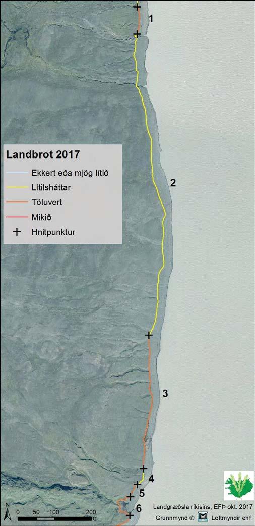 3.4 Austurströnd Kringilsárrana norðan Hrauka Á meirihluta þessa svæðis er landbrot lí lshá ar (tafla 5, kort 6) og þar hefur lí l brey ng orðið á strandlínunni milli áranna 2015 og