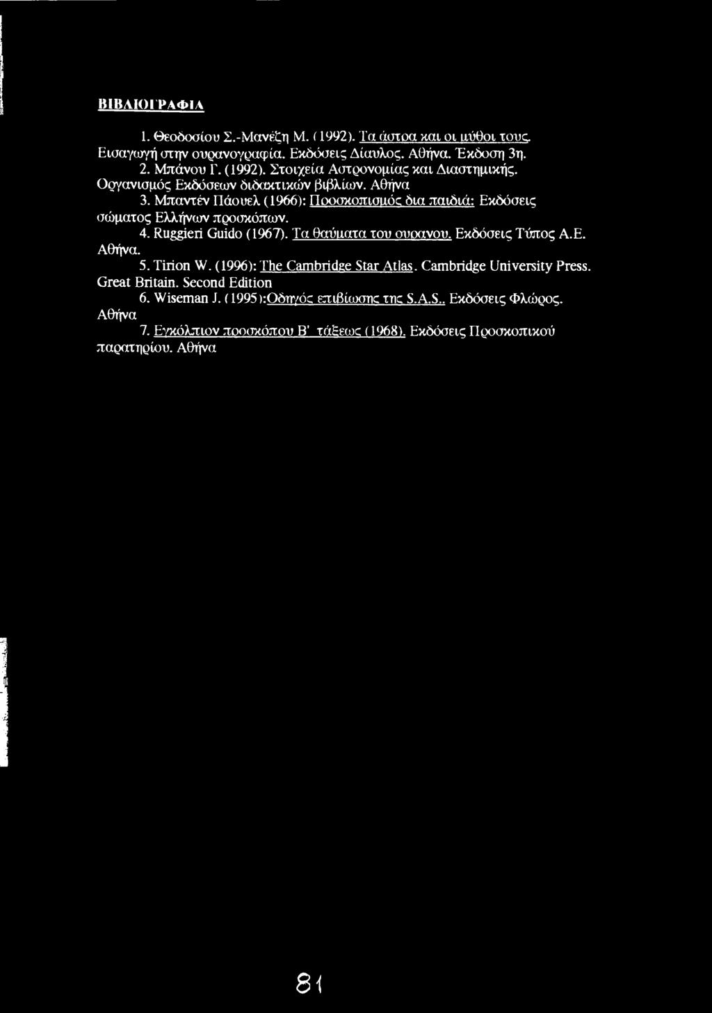 Τα θαύιιατα του ουσανου. Εκδόσεις Τόπος Α.Ε. Αθήνα. 5. Tirion W. (1996): The Cambridge Star Atlas. Cambridge University Press. Great Britain. Second Edition 6.