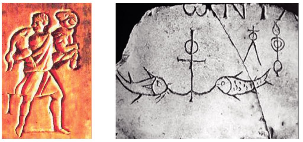 Ιδέα για δραστηριότητα Παρατηρήστε τις εικόνες με δύο από τα σύμβολα που οι πρώτοι χριστιανοί χάραζαν ή ζωγράφιζαν στις κατακόμβες.