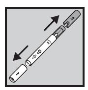 3. Togið vínrauða öryggislokið (merkt 2 ) beint af þannig að vínrauði hnappurinn komi í ljós. Áfyllti penninn er nú tilbúinn til notkunar.