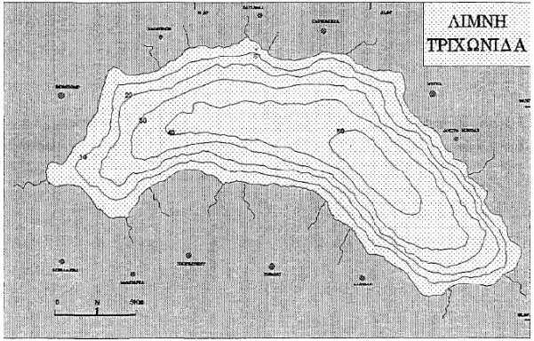 κροκάλες έως και χονδρόκοκκο αμμούχο υλικό (Κούσουρης 1981). Στον βυθομετρικό χάρτη φαίνονται και οι περιοχές που εκβάλουν τα ρέματα και τροφοδοτούν την λίμνη σε υλικά.