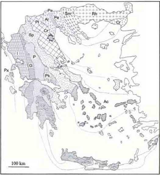 Σχήμα 3-4 Οι γεωτεκτονικές ζώνες της Ελλάδας Πηγή: (Μουντράκης 1983) Το μεγαλύτερο μέρος της περιοχής της λίμνης Τριχωνίδας, αποτυπώνεται