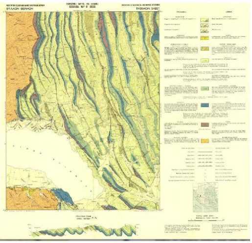 Σχήμα 3-5 Φύλλο χάρτη ΙΓΜΕ, Θερμά Πηγή: ( Γεωργίου 2013) Οι κύριοι γεωλογικοί σχηματισμοί που απαντώνται στην υδρολογική λεκάνη της Τριχωνίδας ανήκουν στις γεωτεκτονικές ζώνες Ωλονού-Πίνδου, Γαβρόβου