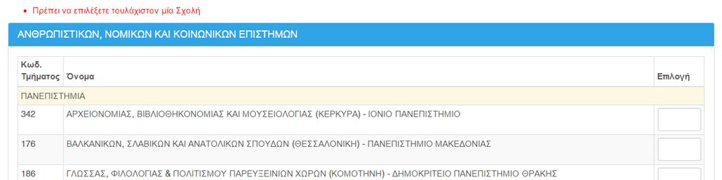 Εικόνα 23: Ενημέρωση χρήστη για μη επιλογή Σχολών από επιλεγμένο Επιστημονικό Πεδίο Επιπροσθέτως, στην περίπτωση κατά την οποία ο υποψήφιος έχει επιλέξει περισσότερα του ενός Επιστημονικά Πεδία,