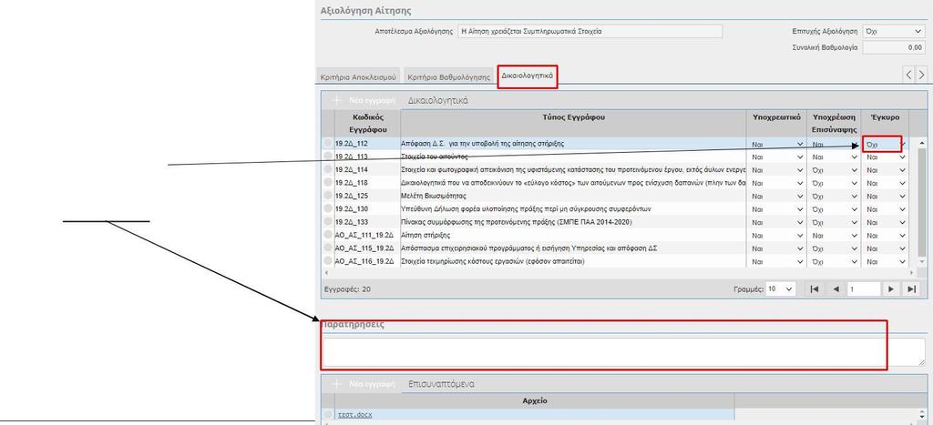 Στην καρτέλα «Δικαιολογητικά», θα δει ποια δικαιολογητικά είναι μη έγκυρα (ένδειξη «Όχι») και τυχόν παρατηρήσεις που υπάρχουν για το κάθε μη έγκυρο