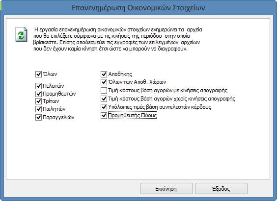 H εργασία επανενημέρωση οικονομικών στοιχείων ενημερώνει τα αρχεία που θα επιλέξετε σύμφωνα με τις κινήσεις της περιόδου στην οποία βρίσκεστε.