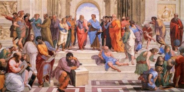 Raffael: Die Schule von Athen, Stanza della Segnatura, Musei Vaticani Sokrates Platon