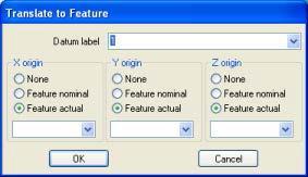 Slika 31 Izbornik naredbe Translacija na značajku U padajućim izbornicima se odabire značajka do koje se pomiče koordinatni sustav, te izbor nominalnih ili stvarnih vrijednosti.