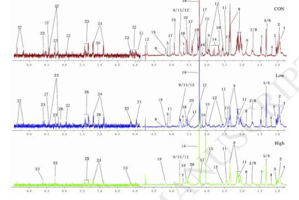 Metabolic switching in the hypoglycemic and antitumor effects of metformin on high glucose induced HepG2 cells (2018) control low high Typical 500 MHz CPMG 1H NMR spectra for HepG2 cells of Cοntrol,