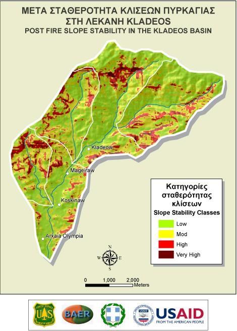 136 Εικόαν 34 και 35: Χάρτες διάβρωσης, πριν και μετά την πυρκαγιά, με τη χρήση μοντέλου πρόβλεψης (UFSF, 2007) Παρατηρώντας τους χάρτες, αντιλαμβάνεται κανείς πως μπορεί να εξελιχθεί η διάβρωση, με