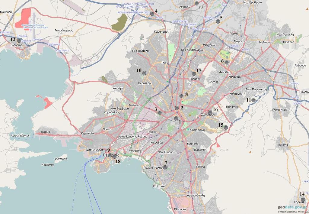 Εικόνα 39: Χάρτης σταθμών μέτρησης ατμοσφαιρικής ρύπανσης του ΕΔΠΑΡ στην ευρύτερη περιοχή της Αθήνα Πηγή: ΥΠΕΝ Οι σταθμοί κατηγοριοποιήθηκαν σε σταθμούς Κέντρου και Περιφέρειας, με βάση τη γεωγραφική