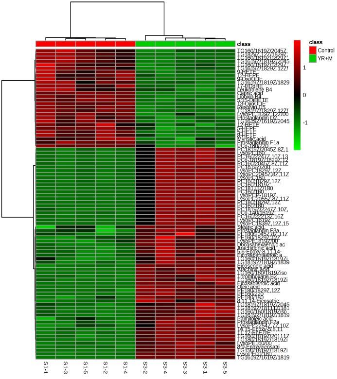 Fig S2 Heatmap visualization of differential metabolites and related pathways. a) M to C, b) YR+M to C, c) APP+M to C, d) LAV+M to C and e) SO+M to C.