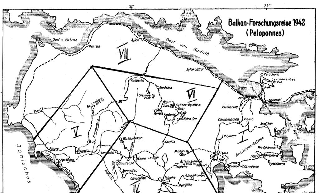Figure 3. Historical map of the Peloponnesus showing the itineraries of Freisleben s and Rothmaler s collecting team of the Balkan 1942 expedition (from Stubbe 1942).