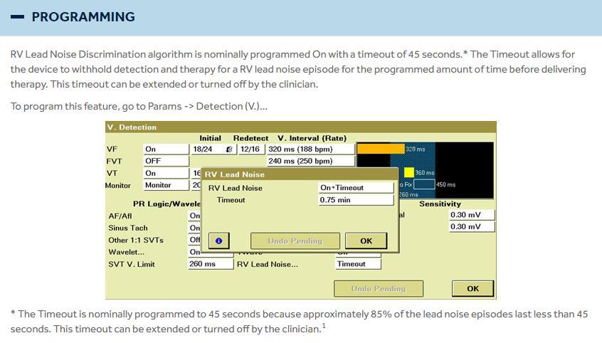 The RV Lead Noise Discrimination algorithm differentiates RV lead noise from VT/VF by comparing a far-field EGM signal