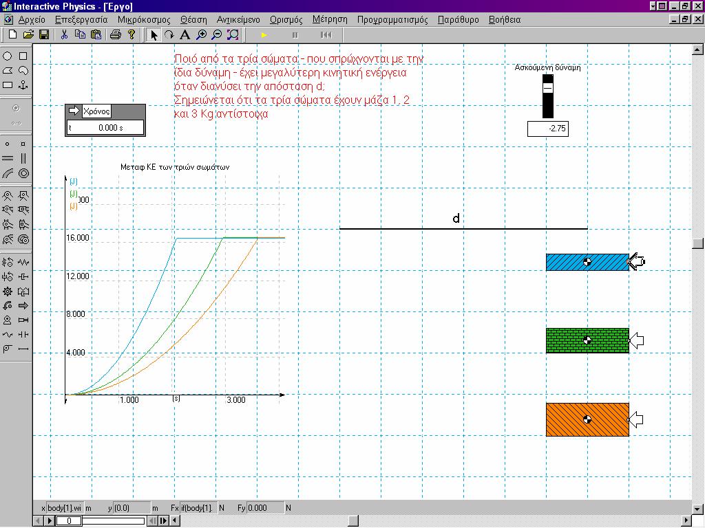 INTERACTIVE PHYSICS Βήµα 1: Σχεδιάστε τρία ορθογώνια σώµατα µε διαφορετικές µάζες 1. Από το κατακόρυφο µενού επιλέξτε το Ορθογώνιο, κάντε κλικ στην επιφάνεια εργασίας και δηµιουργήστε ένα ορθογώνιο.