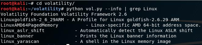 διαθέσιμο για χρήση. Εικόνα 8. Αποτέλεσμα εντολής python vol.py --info grep Linux Είμαστε έτοιμοι λοιπόν να ξεκινήσουμε να αναλύουμε το δείγμα μνήμης της συσκευής.