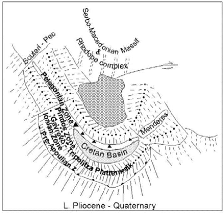 Στον εσωτερικό χώρο του Αιγαίου μια προ-κρητική λεκάνη άρχισε να σχηματίζεται περίπου στην περιοχή όπου υπήρχε η κυκλαδική οπισθοτόξια μολασσική λεκάνη (Εικόνα 4.