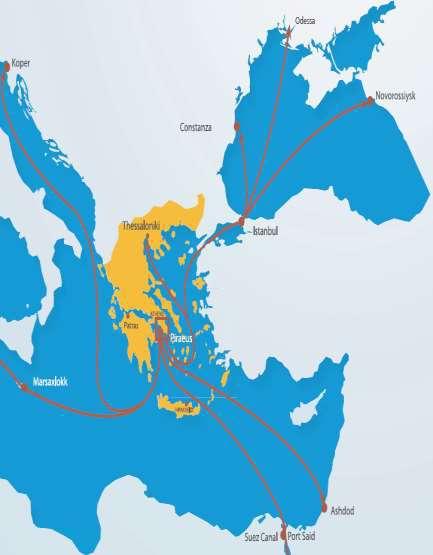 Συγκριτικά Πλεονεκτήματα Λιμένα Πειραιά Πλεονεκτική γεωγραφική θέση στο σταυροδρόμι Ασίας Αφρικής Ευρώπης Επαρκείς υποδομές και φυσικά βυθίσματα για την εξυπηρέτηση των μεγαλύτερων σύγχρονων πλοίων