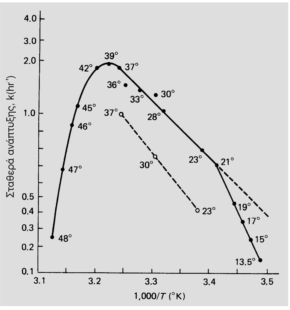 Αύξηση της θερμοκρασίας κατά 1 ο C διπλασιασμός του ρυθμού ανάπτυξης Καθαρός ειδικός ρυθμός αναπαραγωγής για Τ> Τ optimum dn ' R k ' d N όπου: μ g συνολικός ειδικός ρυθμός ανάπτυξης (h -1 ) k d
