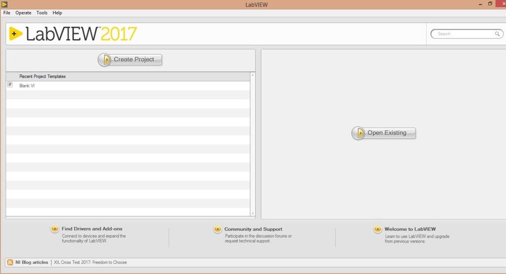 Εικόνα 1.2 Τελευταία έκδοση LabView 2017 Στη συνέχεια το πρόγραμμα εμφανίζει τις επιλογές που παρουσιάζονται στην Εικόνα 1.3 με τις σημαντικότερες εξ αυτών να είναι : Blank VI: Δημιουργία νέου VI.