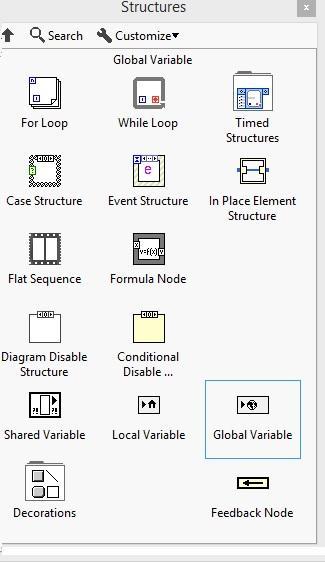 1.5.1 Καθολική μεταβλητή (Global variable) Η μεταβλητή Global βρίσκεται στην παλέτα Function Structures.